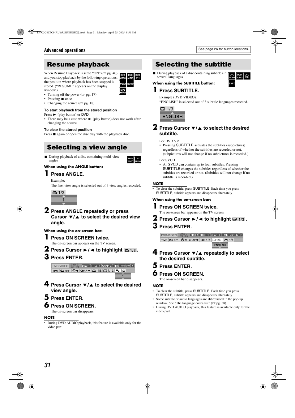 Resume playback selecting a view angle, Selecting the subtitle | JVC GVT0150-008UX User Manual | Page 34 / 97