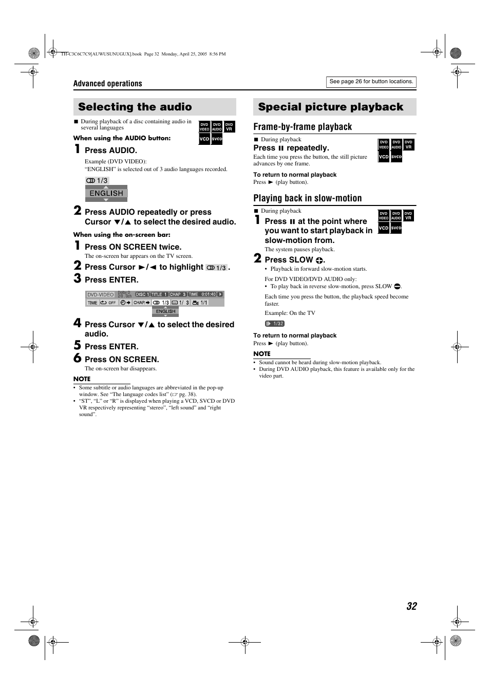 Selecting the audio, Special picture playback, Frame-by-frame playback | Playing back in slow-motion | JVC GVT0150-008UX User Manual | Page 35 / 97
