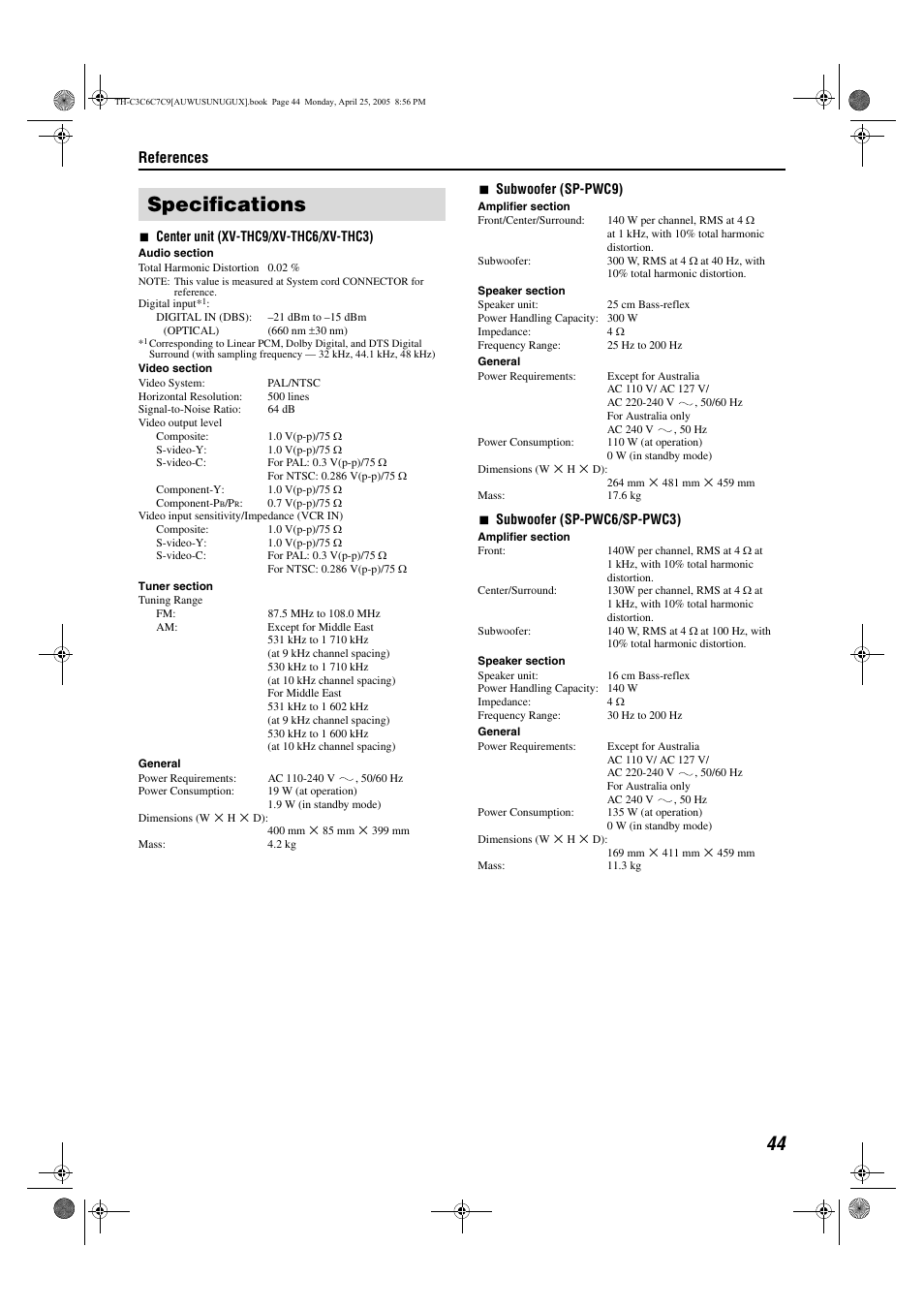 Specifications, References | JVC GVT0150-008UX User Manual | Page 47 / 97