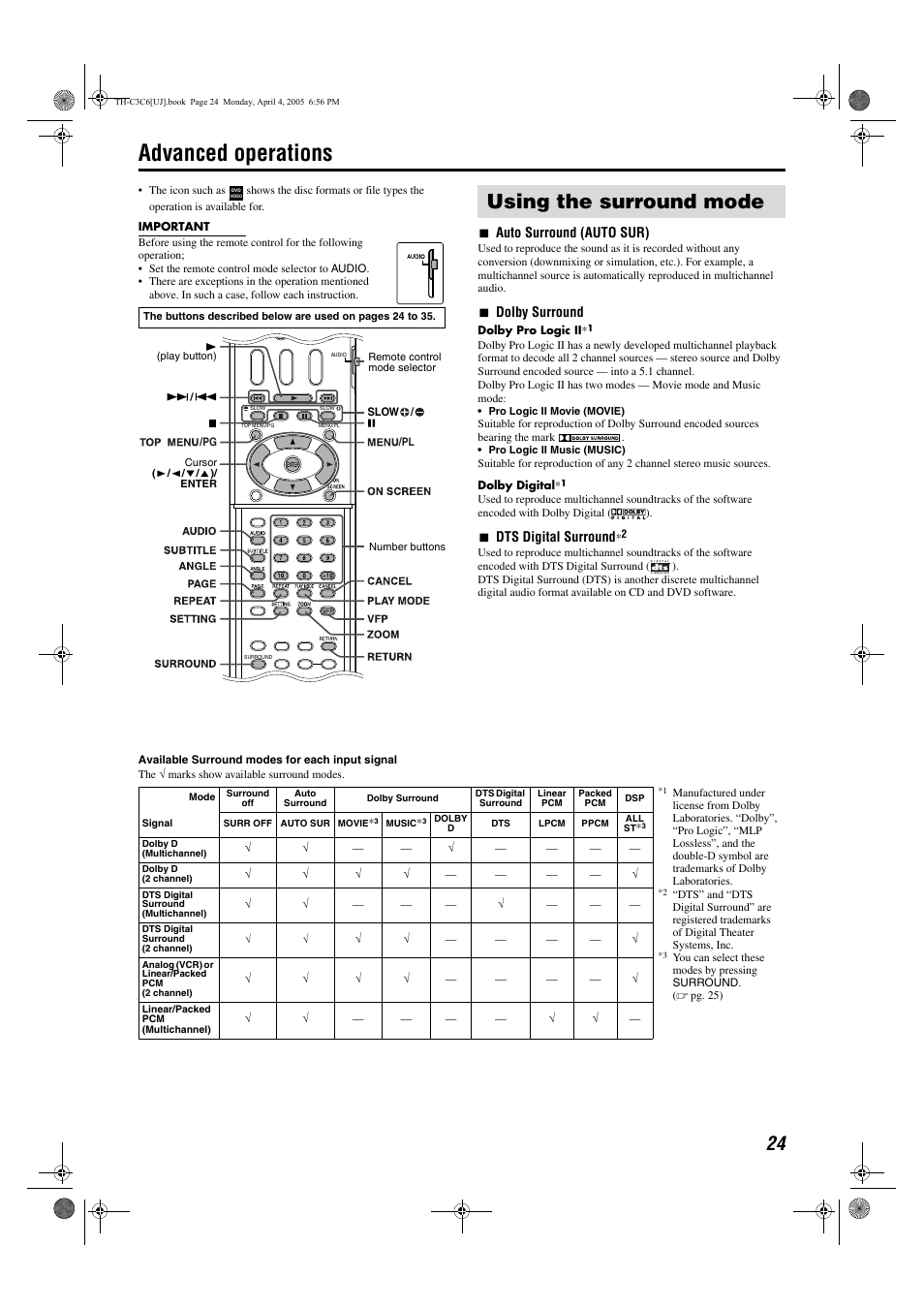Advanced operations, Using the surround mode, 7auto surround (auto sur) | 7dolby surround, 7dts digital surround | JVC GVT0150-008UX User Manual | Page 76 / 97