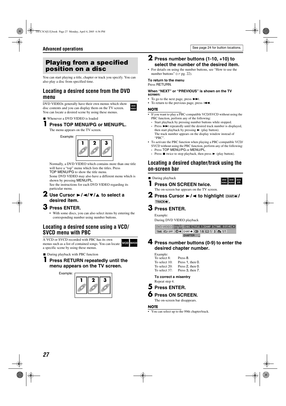 Playing from a specified position on a disc, Locating a desired scene from the dvd menu | JVC GVT0150-008UX User Manual | Page 79 / 97