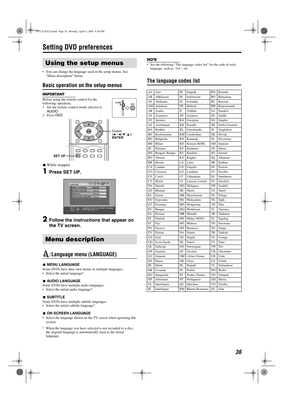 Setting dvd preferences, Using the setup menus menu description, Basic operation on the setup menus | Language menu (language), The language codes list, Press set up | JVC GVT0150-008UX User Manual | Page 88 / 97