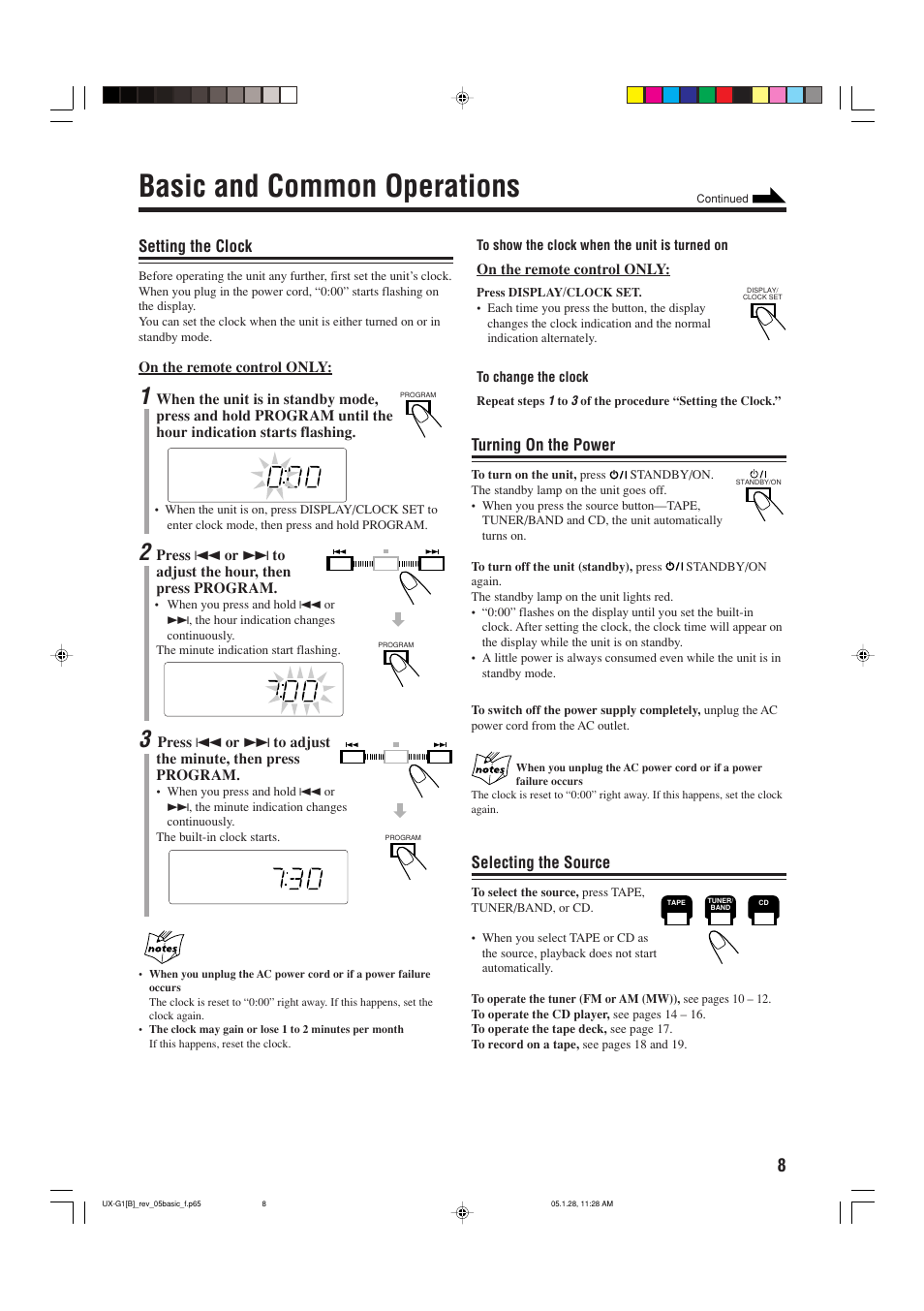 Basic and common operations, Setting the clock, Turning on the power | Selecting the source | JVC CA-UXG1 User Manual | Page 11 / 28