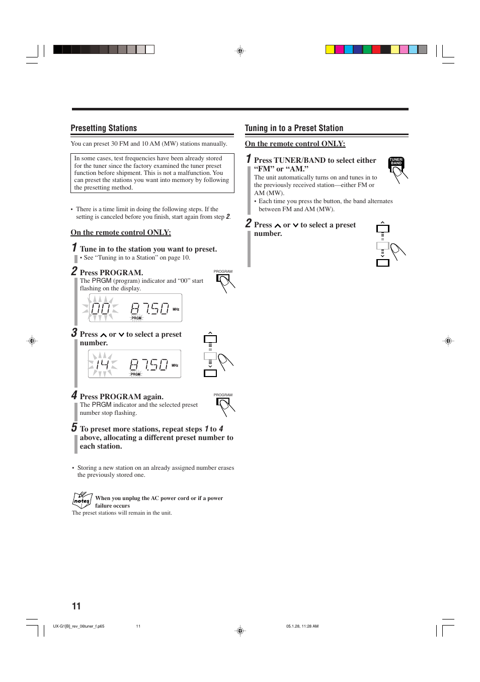 Presetting stations, Tuning in to a preset station | JVC CA-UXG1 User Manual | Page 14 / 28