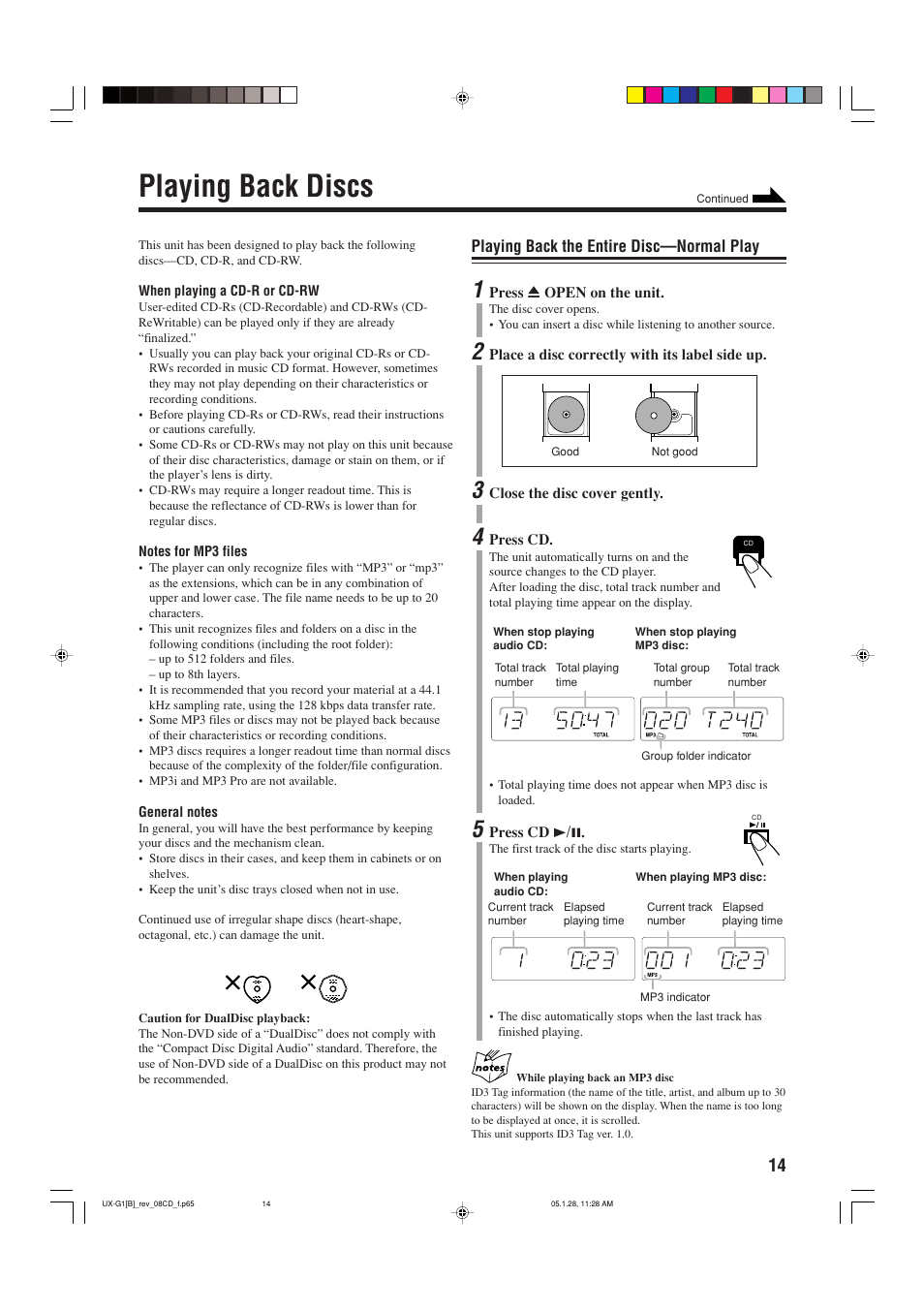Playing back discs, Playing back the entire disc—normal play | JVC CA-UXG1 User Manual | Page 17 / 28