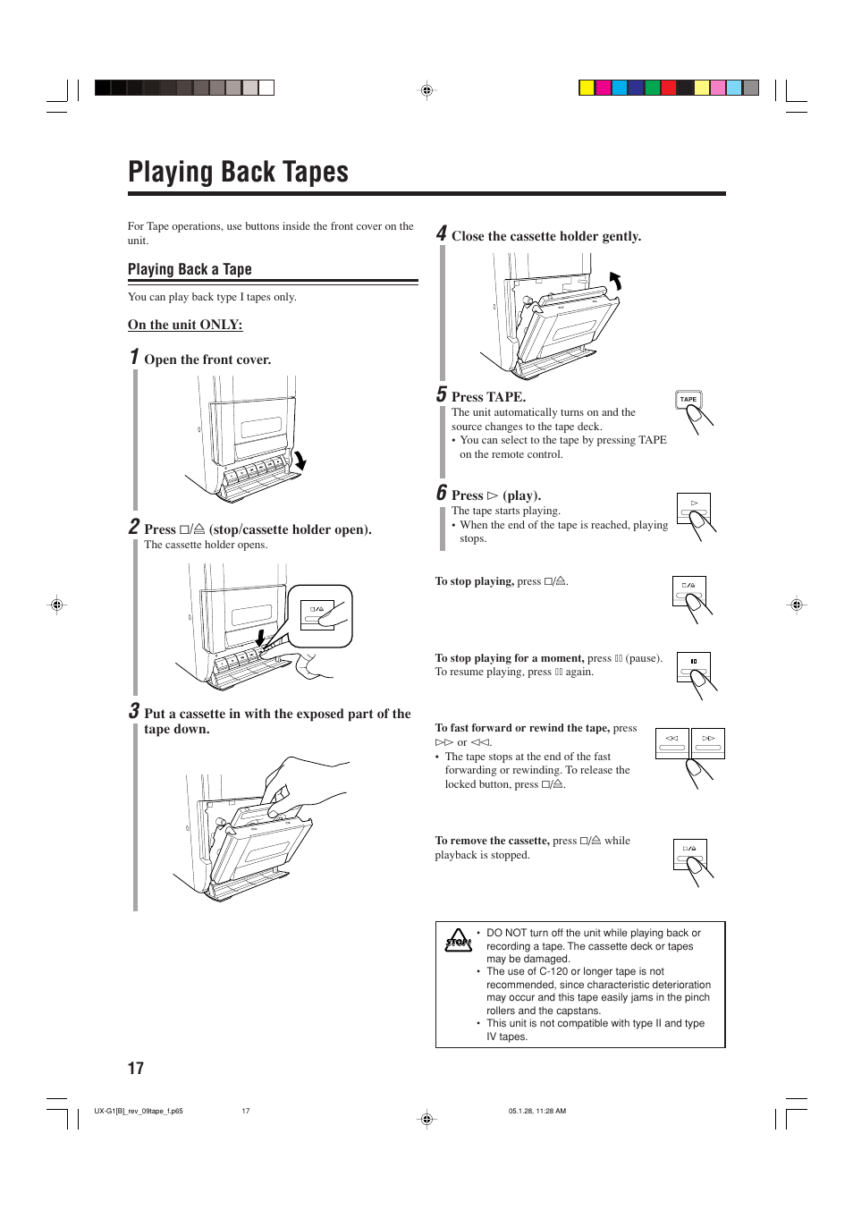 Playing back tapes, Playing back a tape | JVC CA-UXG1 User Manual | Page 20 / 28