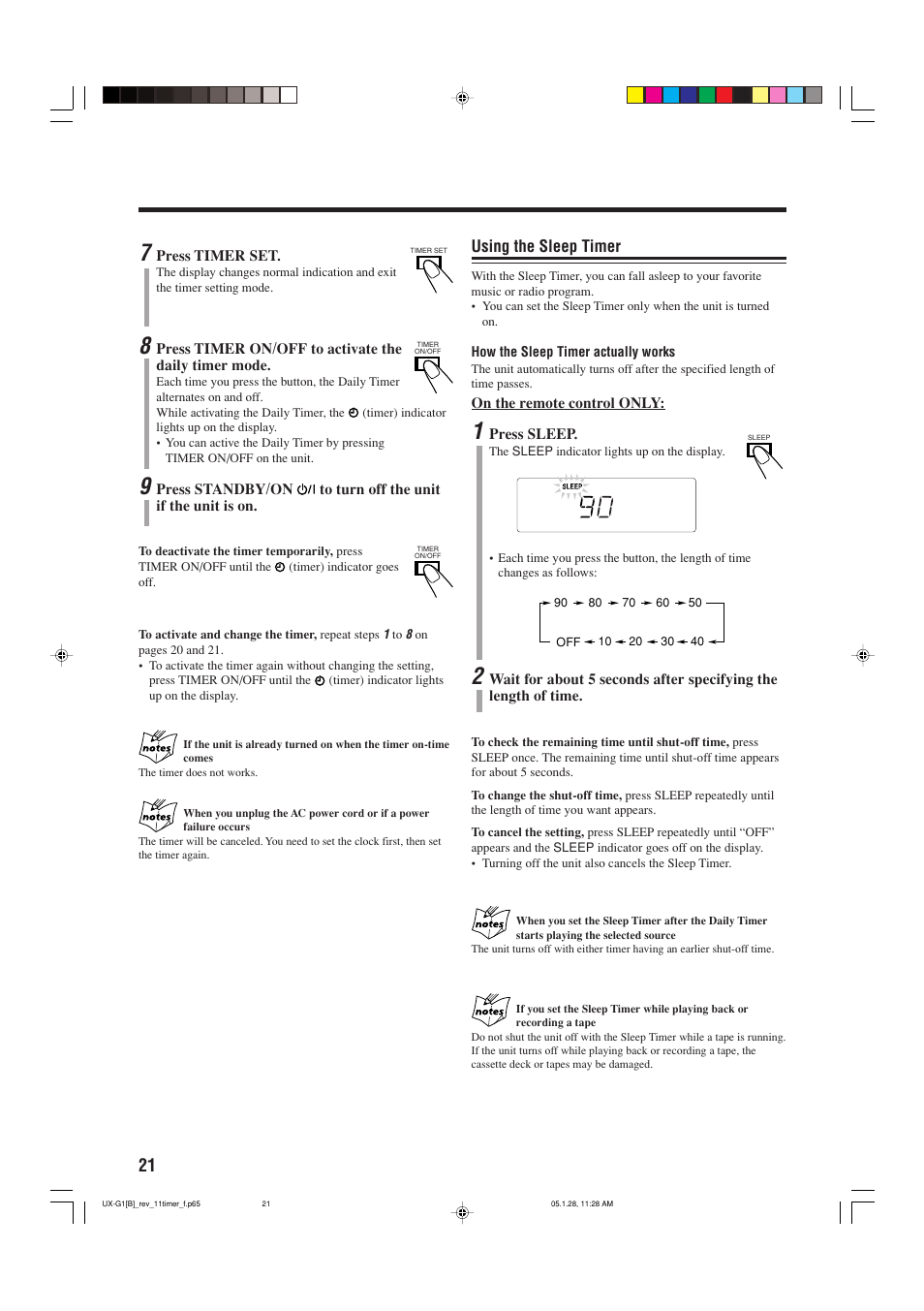 Using the sleep timer | JVC CA-UXG1 User Manual | Page 24 / 28
