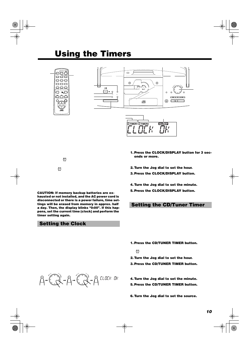 Using the timers, Setting the clock, Setting the cd/tuner timer | JVC RD-T7RGN User Manual | Page 13 / 16