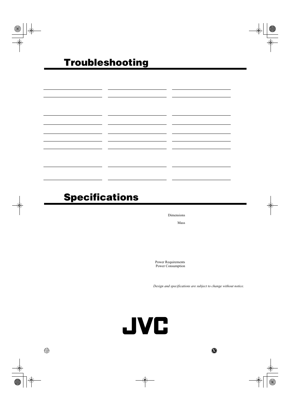 Troubleshooting, Specifications, Back cover | JVC RD-T7RGN User Manual | Page 16 / 16