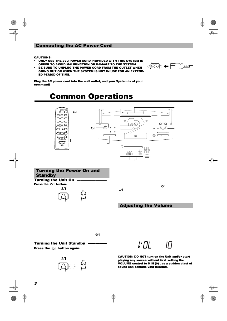 Common operations, Connecting the ac power cord, Turning the power on and standby | Adjusting the volume, Turning the unit on, Turning the unit standby, Standby, Press the button again | JVC RD-T7RGN User Manual | Page 6 / 16