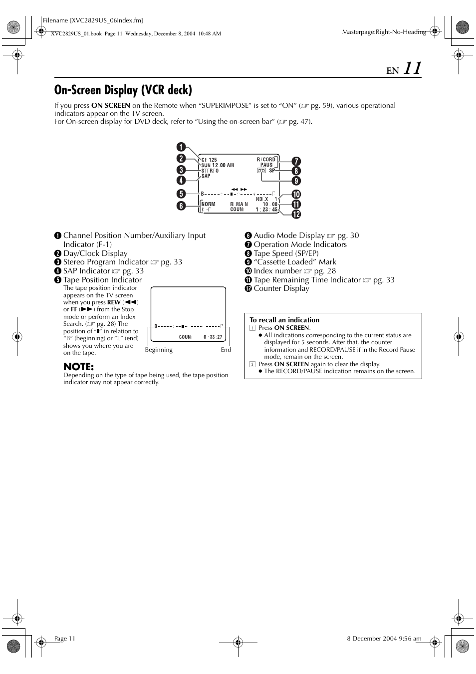 On-screen display (vcr deck) | JVC HR-XVC29SU User Manual | Page 11 / 76