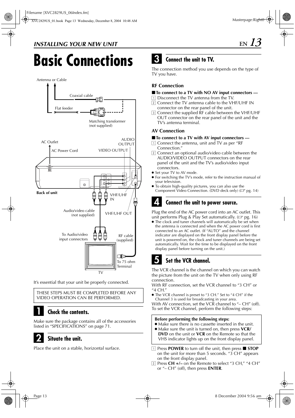 Installing your new unit, Basic connections | JVC HR-XVC29SU User Manual | Page 13 / 76