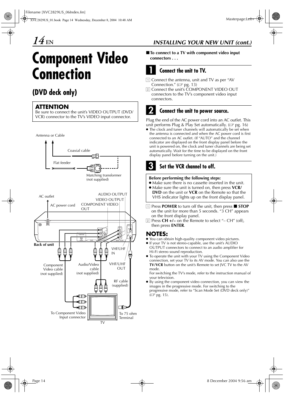 Component video connection (dvd deck only), Component video connection, Dvd deck only) | JVC HR-XVC29SU User Manual | Page 14 / 76