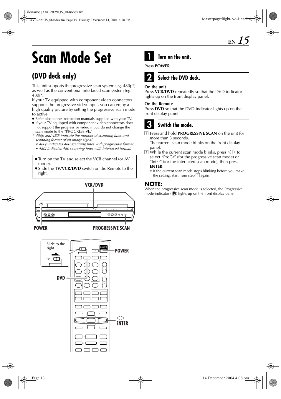 Scan mode set (dvd deck only), Scan mode set, Dvd deck only) | JVC HR-XVC29SU User Manual | Page 15 / 76