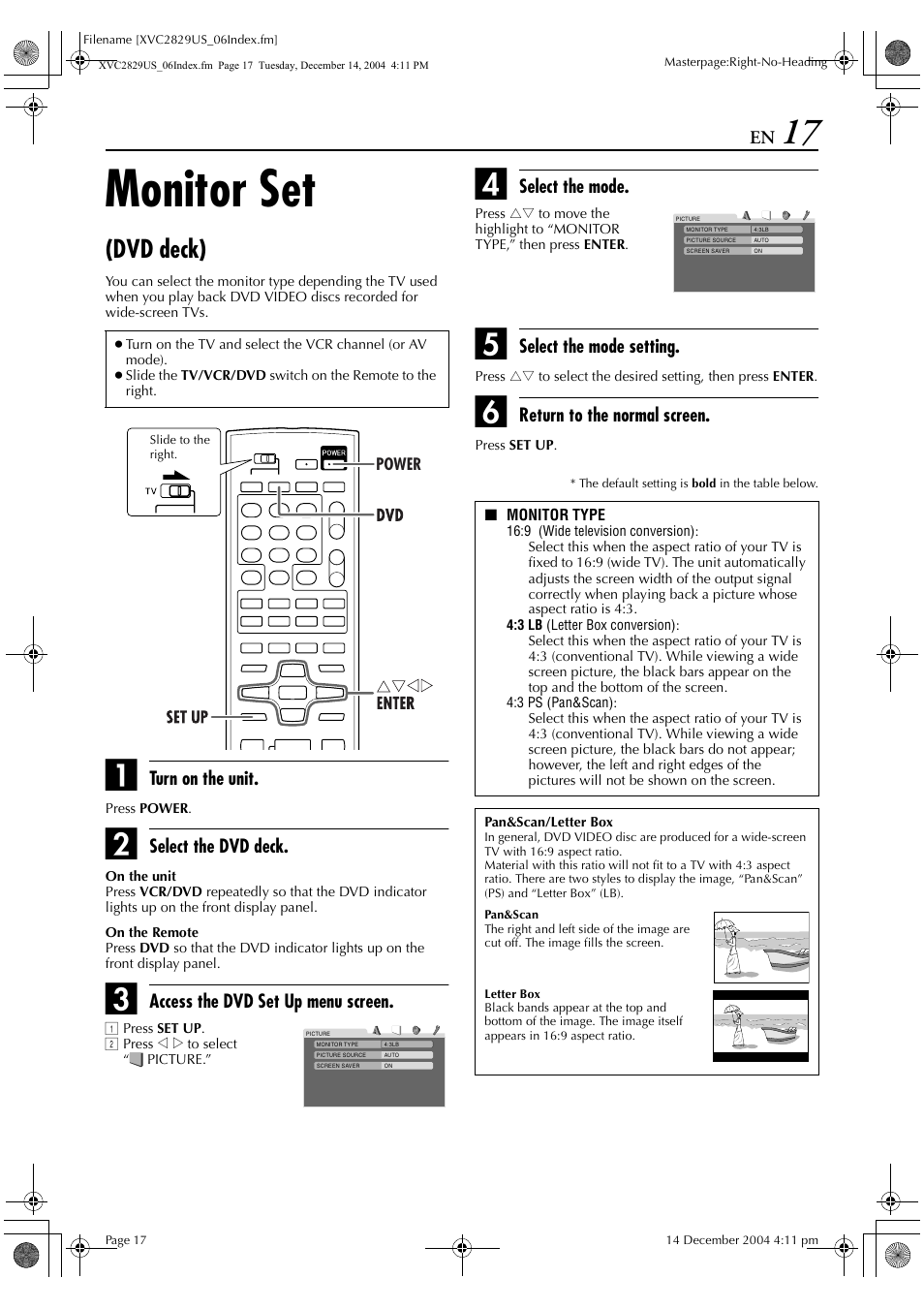 Monitor set (dvd deck), Monitor set, Dvd deck) | JVC HR-XVC29SU User Manual | Page 17 / 76