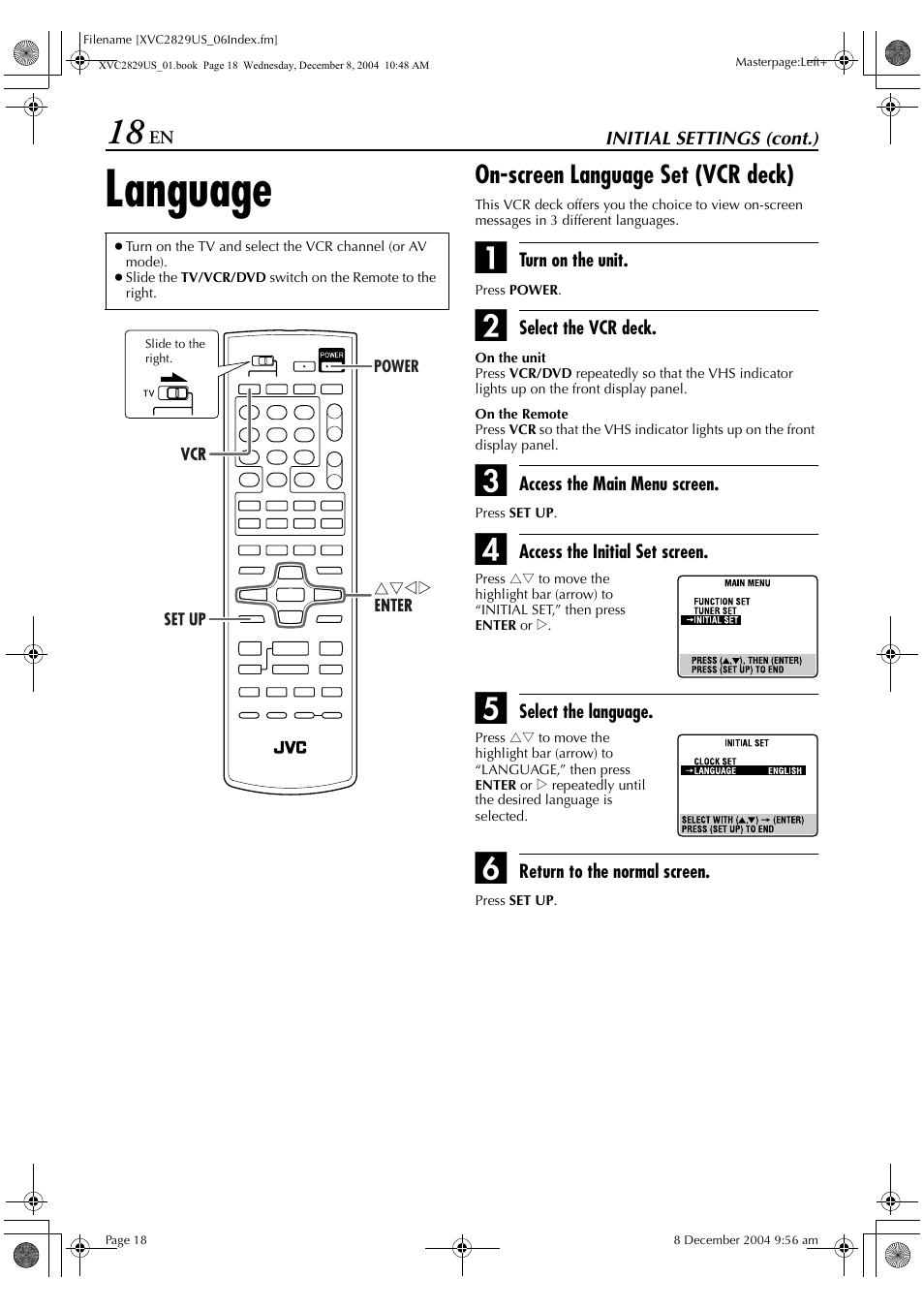 Language, On-screen language set (vcr deck) | JVC HR-XVC29SU User Manual | Page 18 / 76