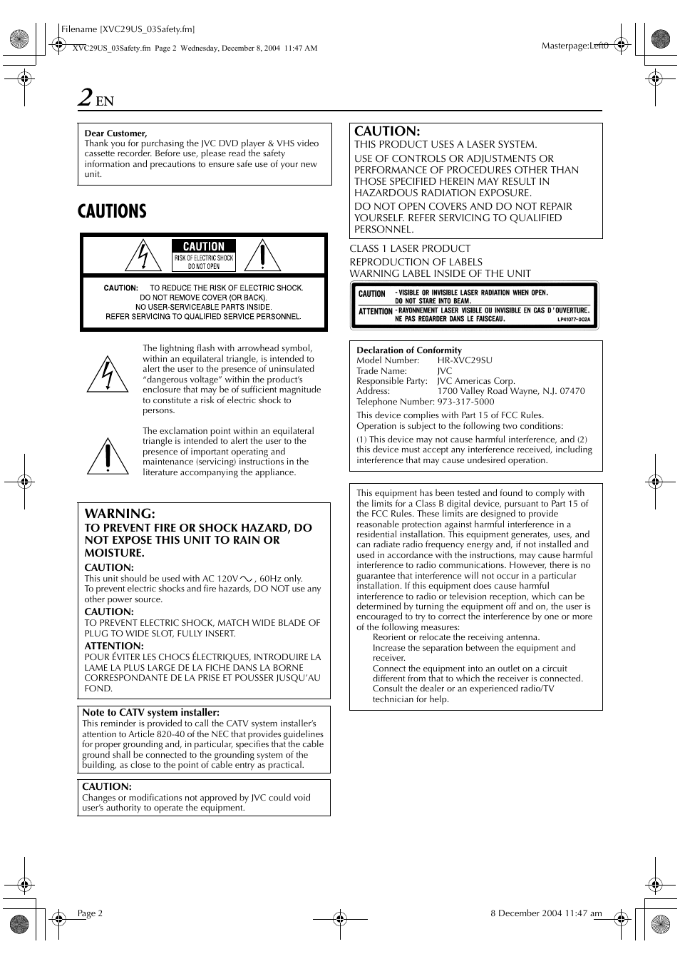 Cautions, Warning, Caution | JVC HR-XVC29SU User Manual | Page 2 / 76