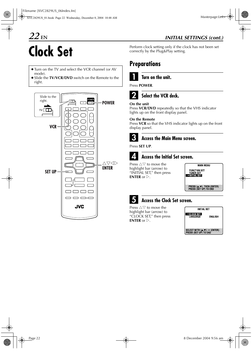 Clock set, Preparations | JVC HR-XVC29SU User Manual | Page 22 / 76