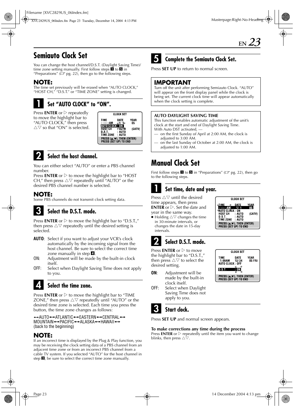 Semiauto clock set, Manual clock set | JVC HR-XVC29SU User Manual | Page 23 / 76