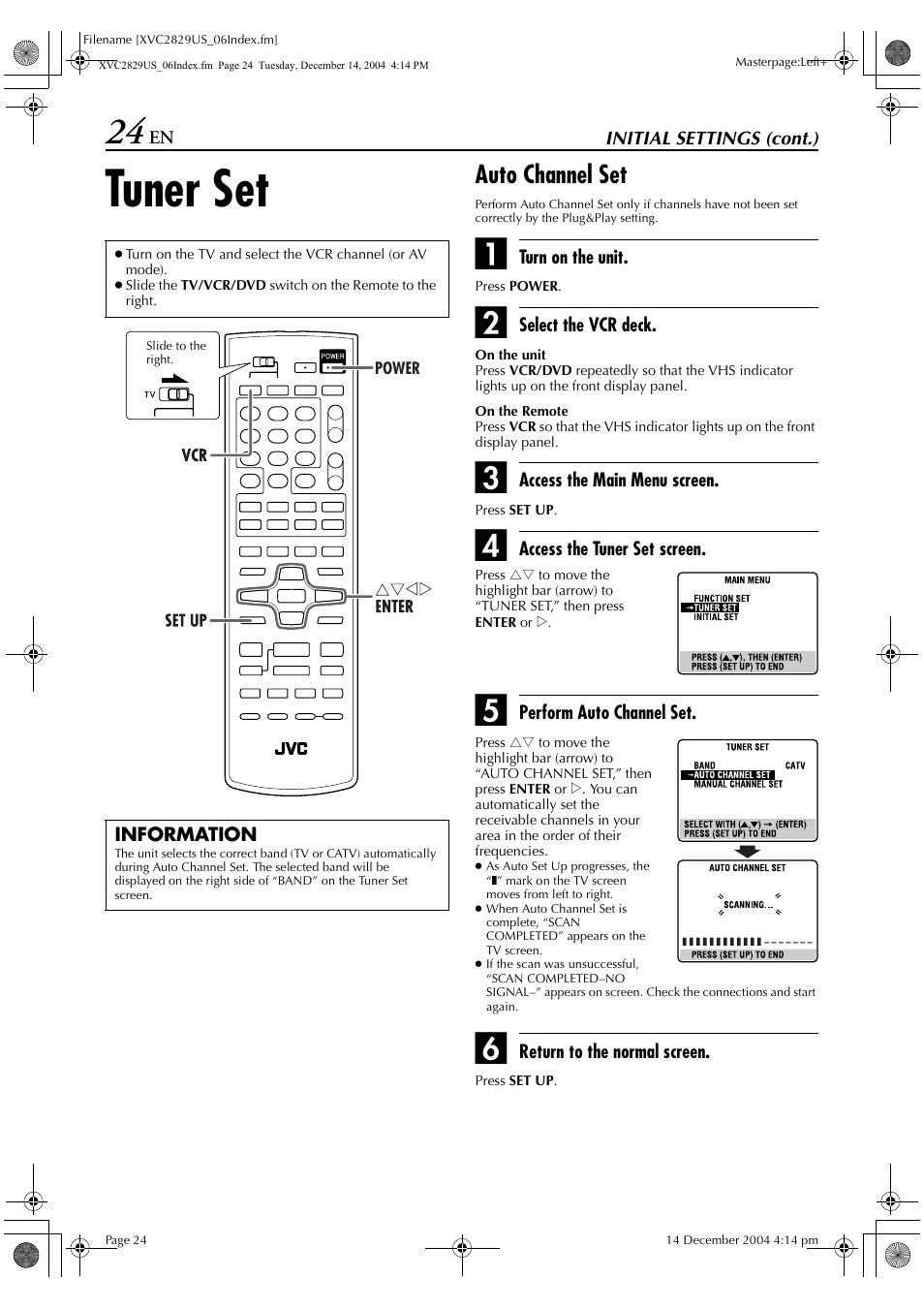 Tuner set, Auto channel set | JVC HR-XVC29SU User Manual | Page 24 / 76