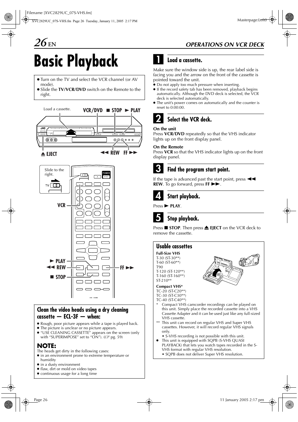 Operations on vcr deck, Basic playback | JVC HR-XVC29SU User Manual | Page 26 / 76