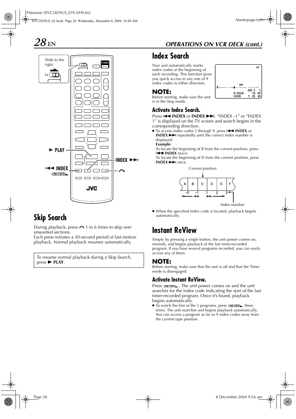 Skip search, Index search, Instant review | Operations on vcr deck (cont.), Activate index search, Activate instant review | JVC HR-XVC29SU User Manual | Page 28 / 76