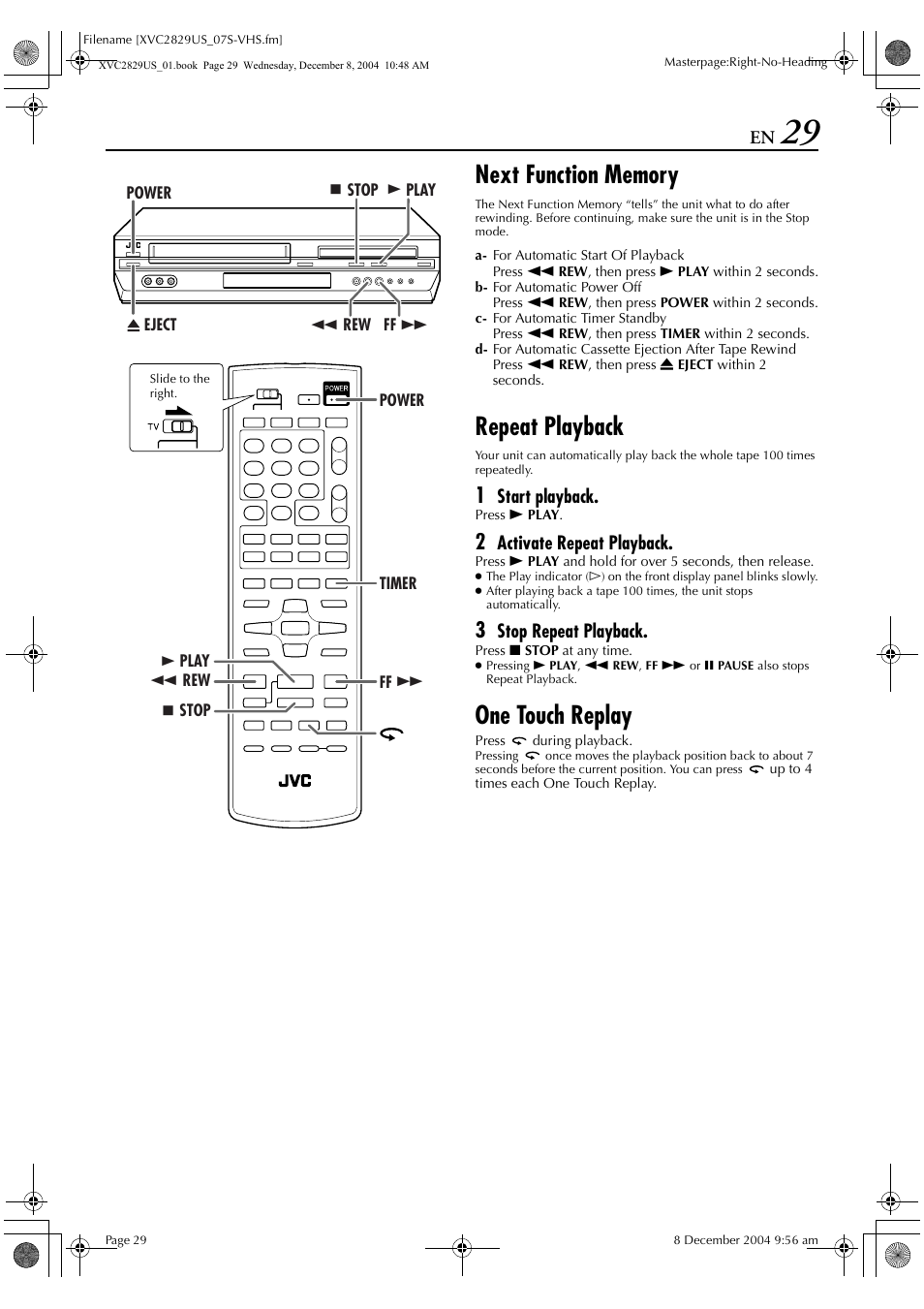 Repeat playback, One touch replay | JVC HR-XVC29SU User Manual | Page 29 / 76