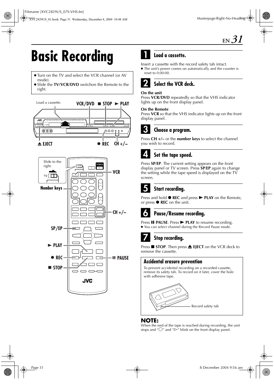 Basic recording | JVC HR-XVC29SU User Manual | Page 31 / 76