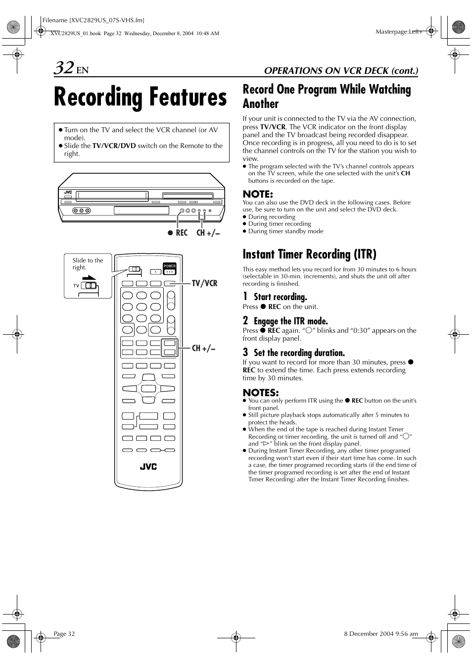 Recording features, Record one program while watching another, Instant timer recording (itr) | JVC HR-XVC29SU User Manual | Page 32 / 76