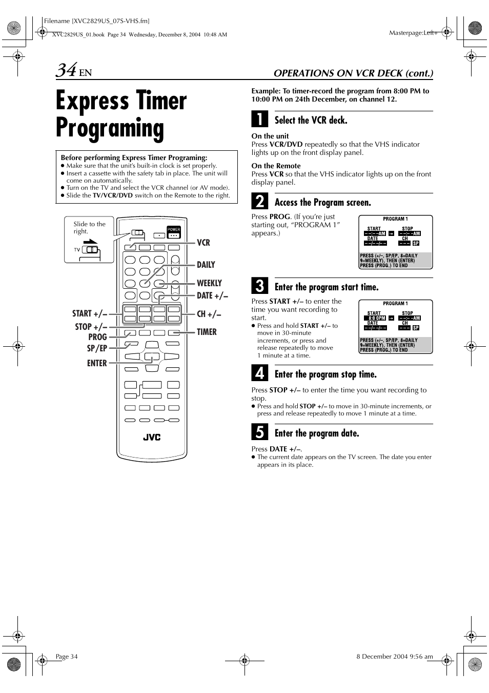 Express timer programing | JVC HR-XVC29SU User Manual | Page 34 / 76