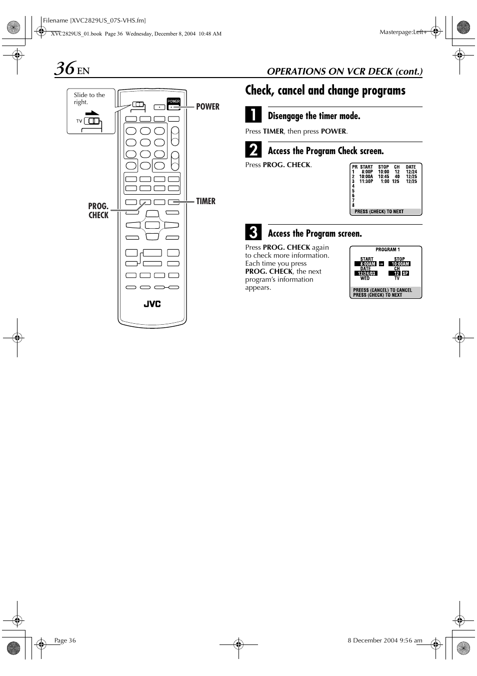 Check, cancel and change programs | JVC HR-XVC29SU User Manual | Page 36 / 76