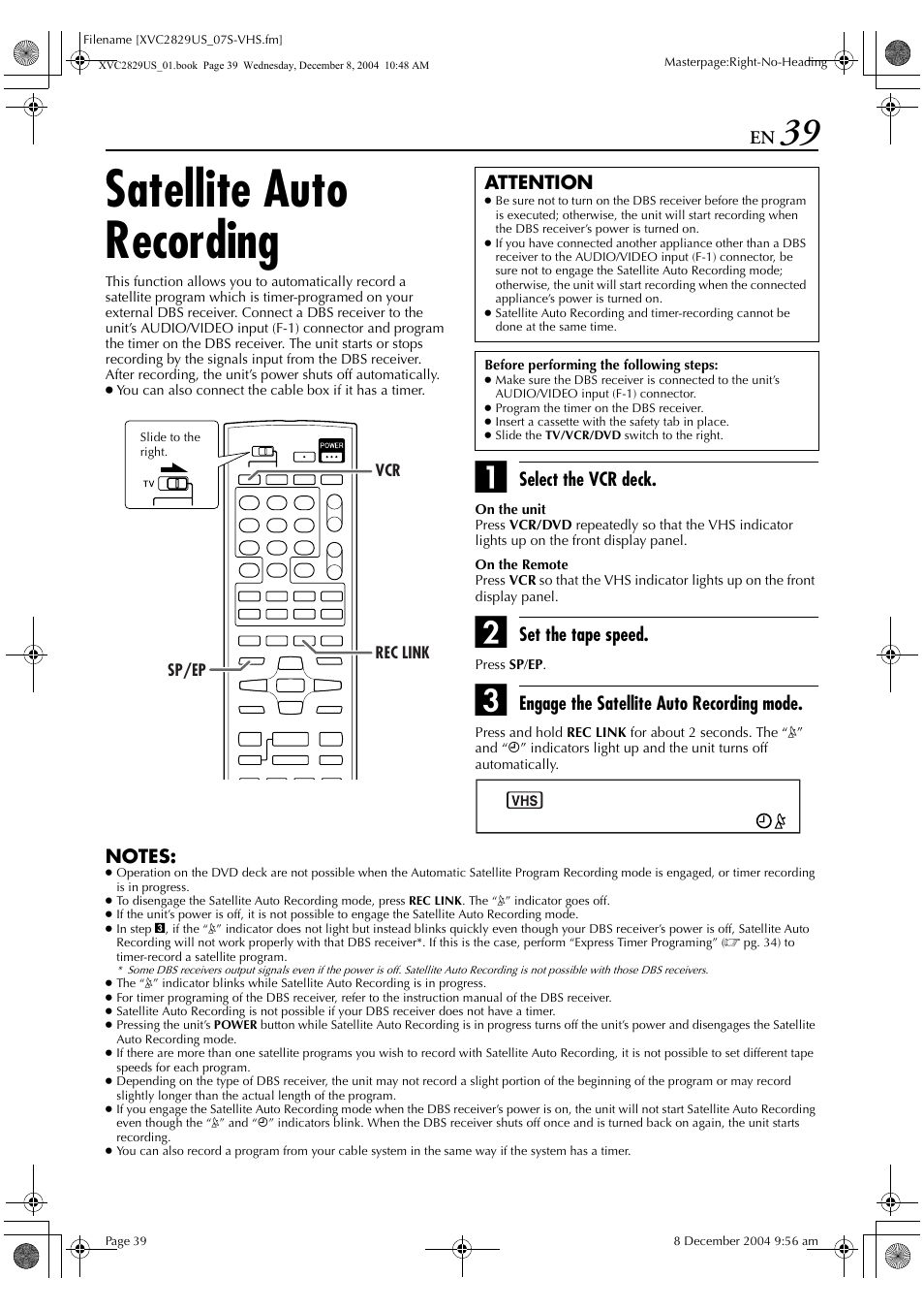 Satellite auto recording | JVC HR-XVC29SU User Manual | Page 39 / 76