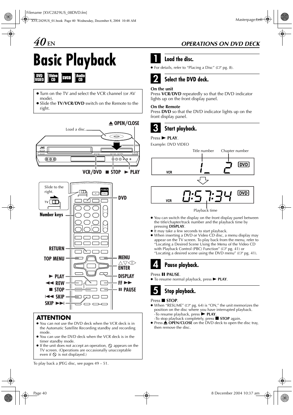 Operations on dvd deck, Basic playback | JVC HR-XVC29SU User Manual | Page 40 / 76