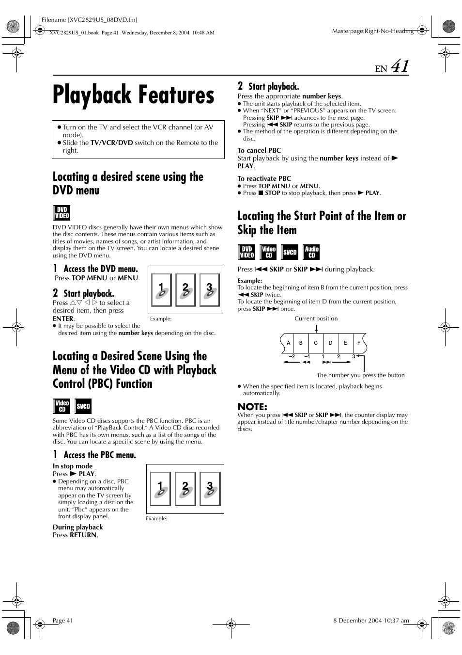 Playback features, Locating a desired scene using the dvd menu | JVC HR-XVC29SU User Manual | Page 41 / 76