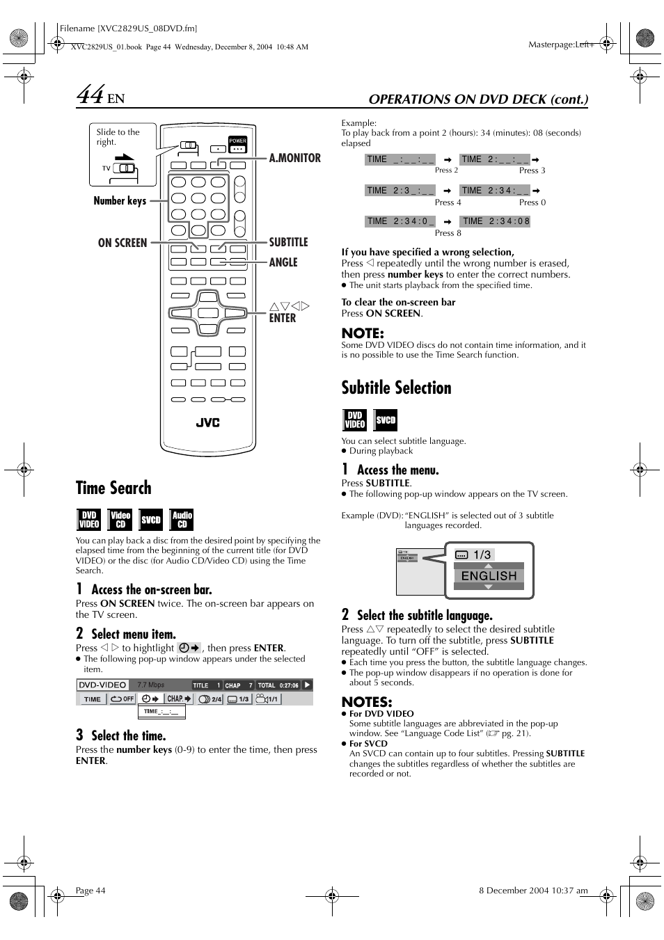 Time search, Subtitle selection, Operations on dvd deck (cont.) | Access the on-screen bar, Select menu item, Select the time, Access the menu, Select the subtitle language | JVC HR-XVC29SU User Manual | Page 44 / 76