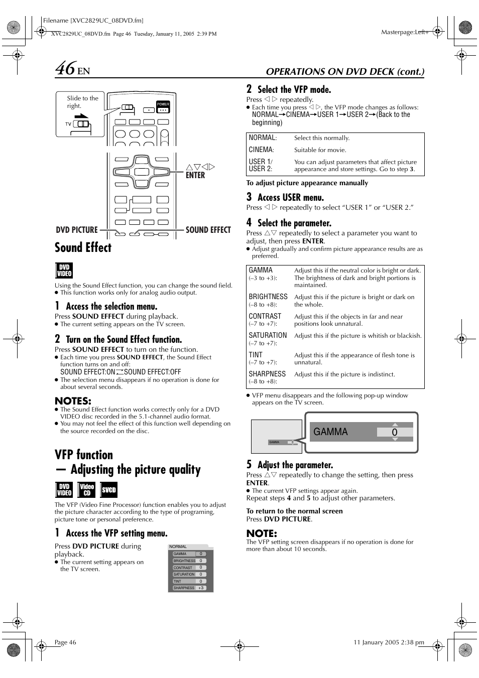Sound effect, Vfp function — adjusting the picture quality, 0gamma | Operations on dvd deck (cont.), Access the selection menu, Turn on the sound effect function, Access the vfp setting menu, Select the vfp mode, Access user menu, Select the parameter | JVC HR-XVC29SU User Manual | Page 46 / 76