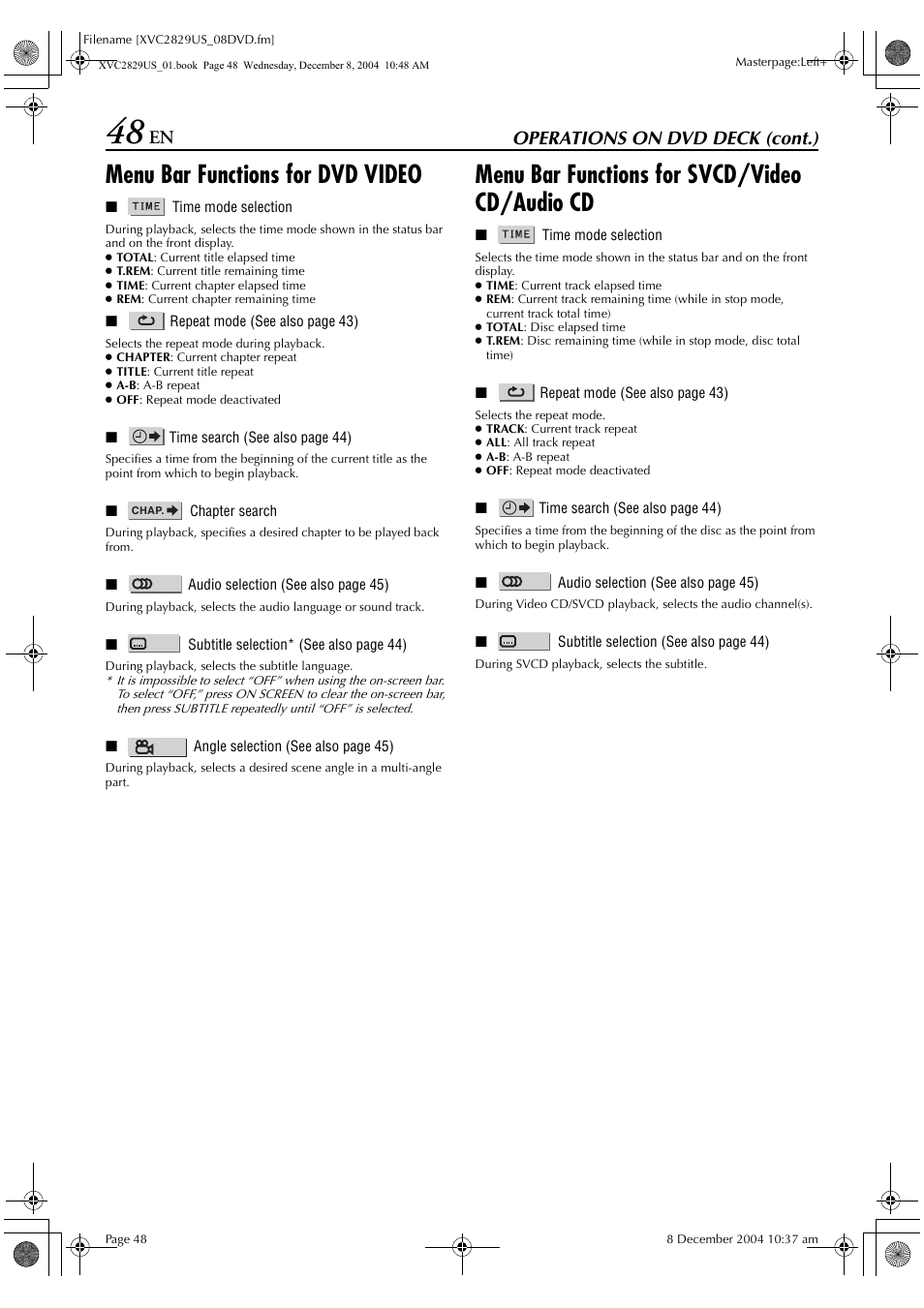 Menu bar functions for dvd video, Menu bar functions for svcd/video cd/audio cd, Operations on dvd deck (cont.) | JVC HR-XVC29SU User Manual | Page 48 / 76