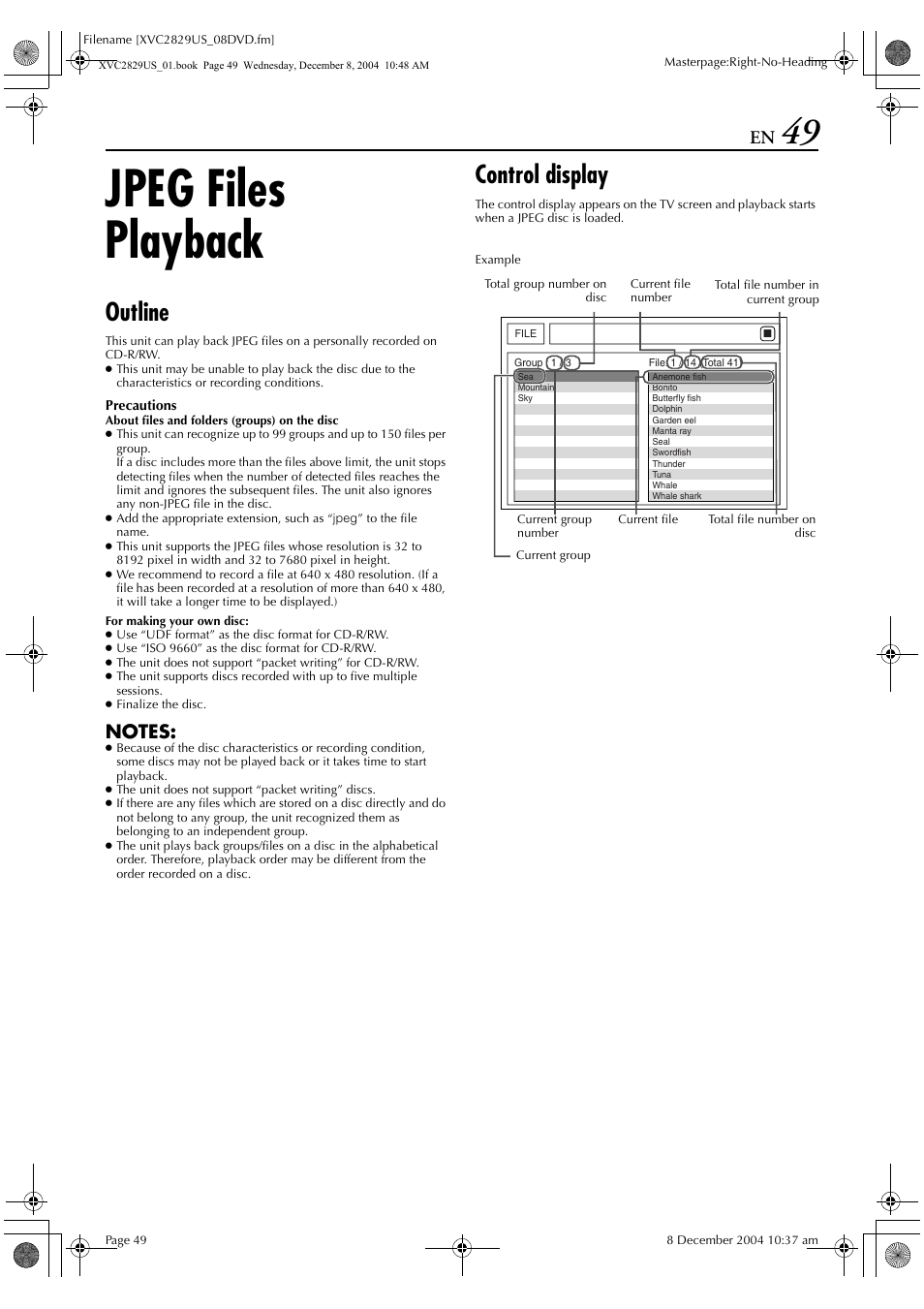 Jpeg files playback, Outline, Control display | JVC HR-XVC29SU User Manual | Page 49 / 76