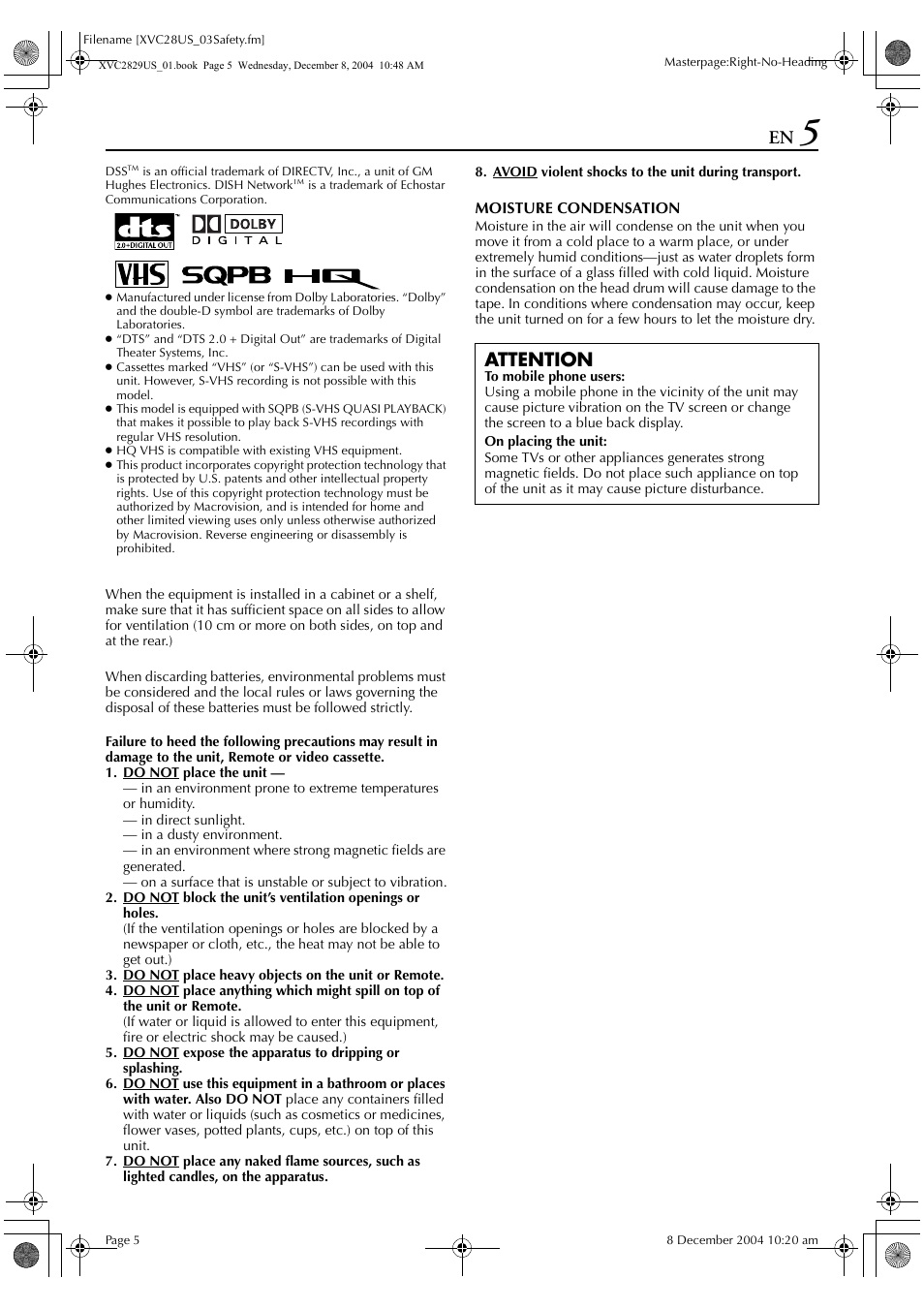 Attention | JVC HR-XVC29SU User Manual | Page 5 / 76