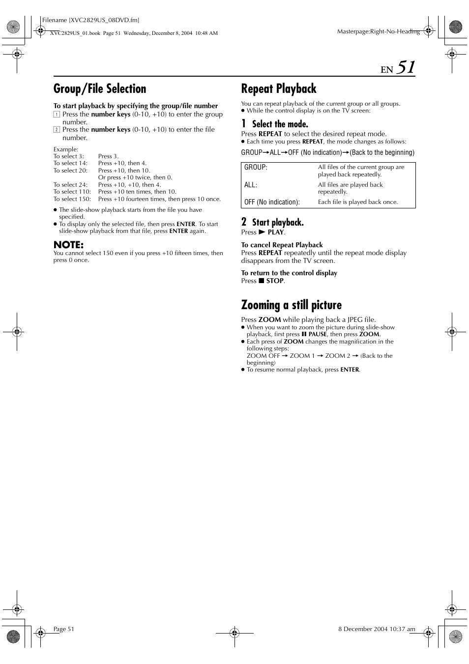 Group/file selection, Repeat playback, Zooming a still picture | Select the mode, Start playback | JVC HR-XVC29SU User Manual | Page 51 / 76
