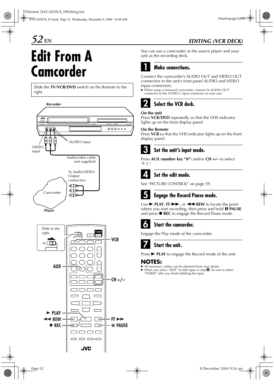 Editing (vcr deck), Edit from a camcorder | JVC HR-XVC29SU User Manual | Page 52 / 76