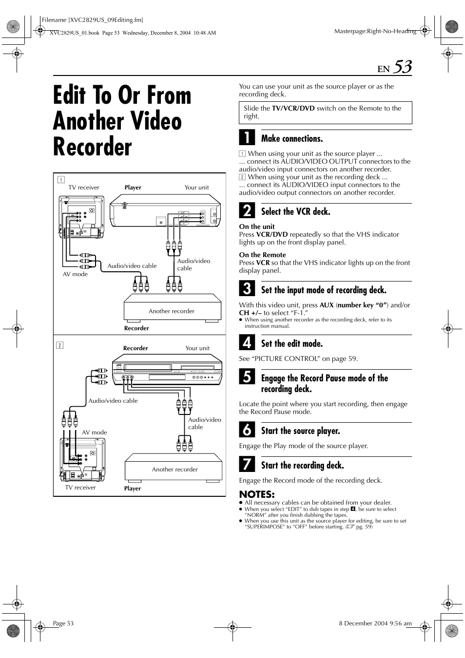 Edit to or from another video recorder | JVC HR-XVC29SU User Manual | Page 53 / 76