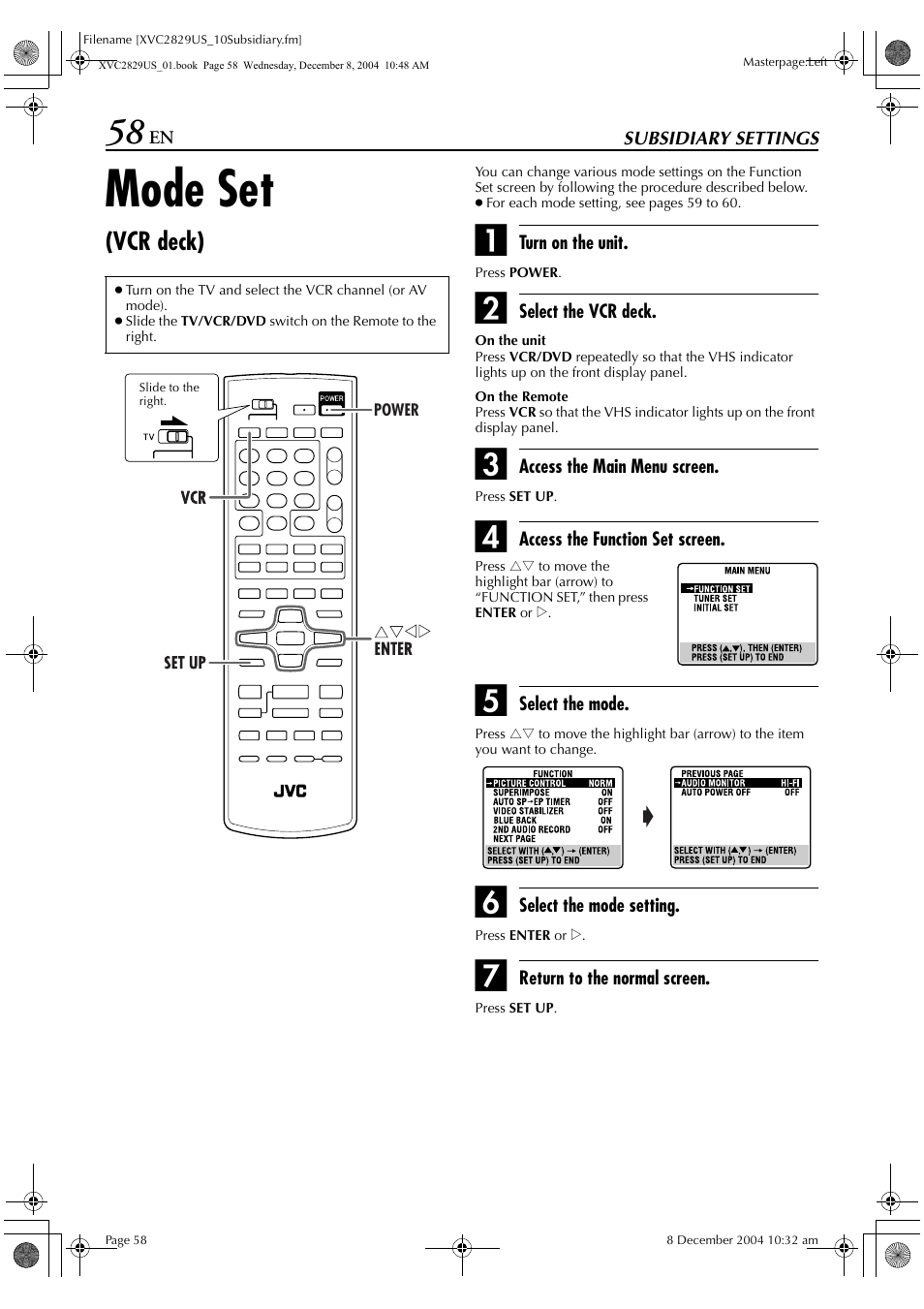 Subsidiary settings, Mode set (vcr deck), Mode set | Vcr deck) | JVC HR-XVC29SU User Manual | Page 58 / 76