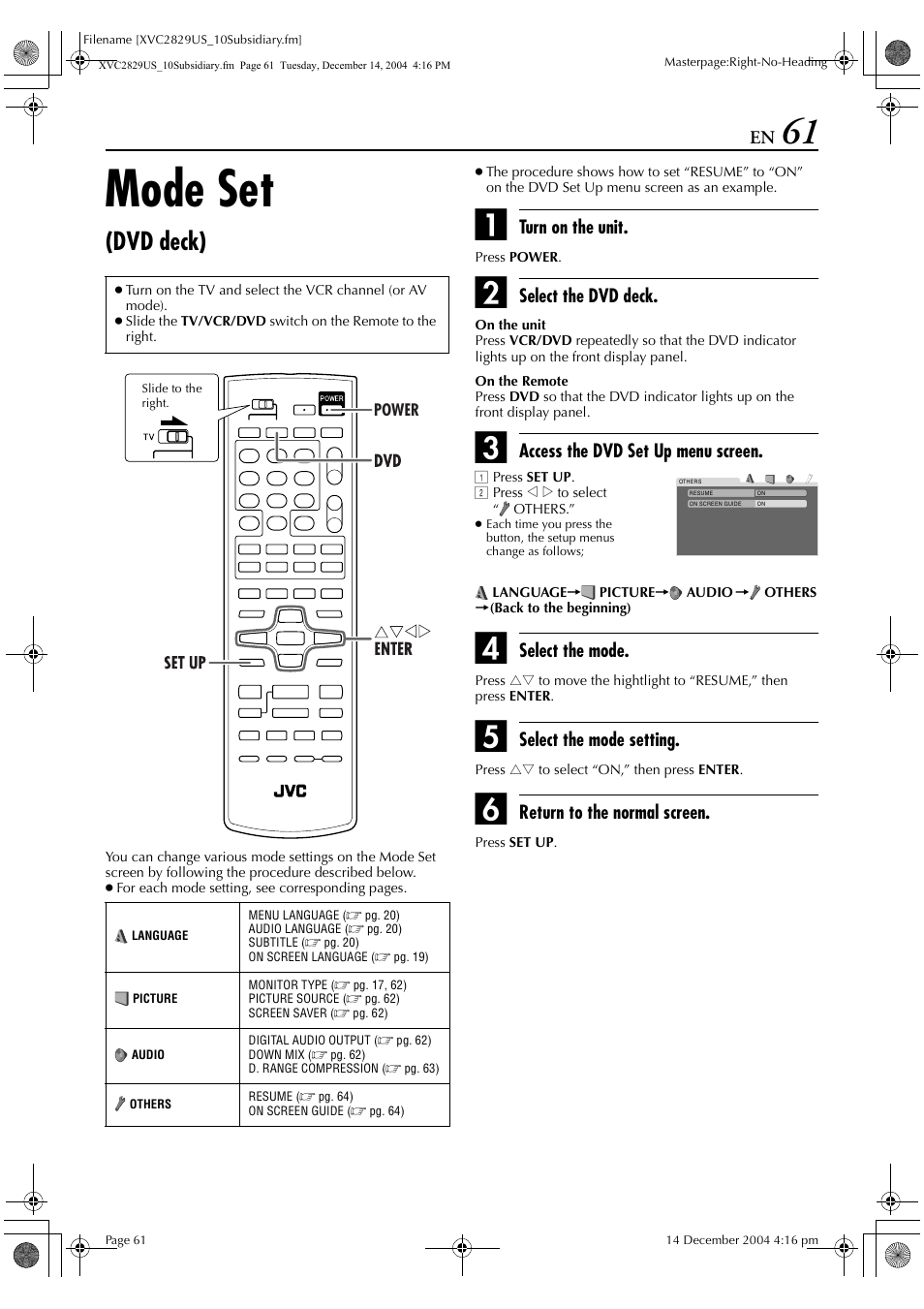 Mode set (dvd deck), Mode set, Dvd deck) | JVC HR-XVC29SU User Manual | Page 61 / 76