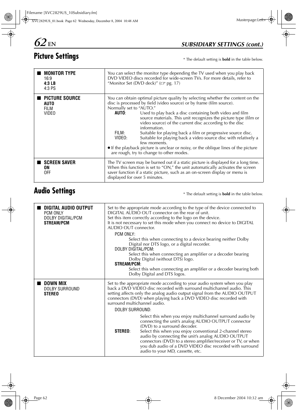 Picture settings, Audio settings, Subsidiary settings (cont.) | JVC HR-XVC29SU User Manual | Page 62 / 76