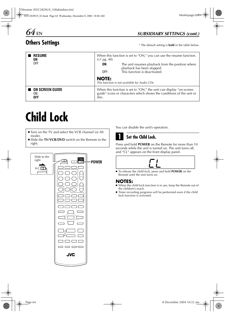 Child lock, Others settings | JVC HR-XVC29SU User Manual | Page 64 / 76
