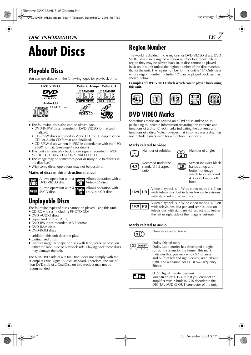 Disc information, About discs, Playable discs | Unplayable discs, Region number, Dvd video marks | JVC HR-XVC29SU User Manual | Page 7 / 76