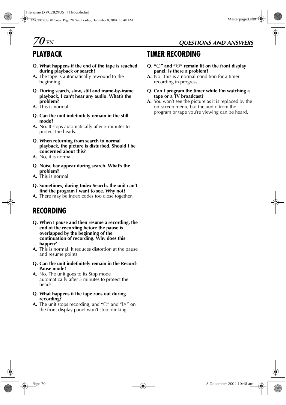 Questions and answers, Playback, Recording | Timer recording | JVC HR-XVC29SU User Manual | Page 70 / 76