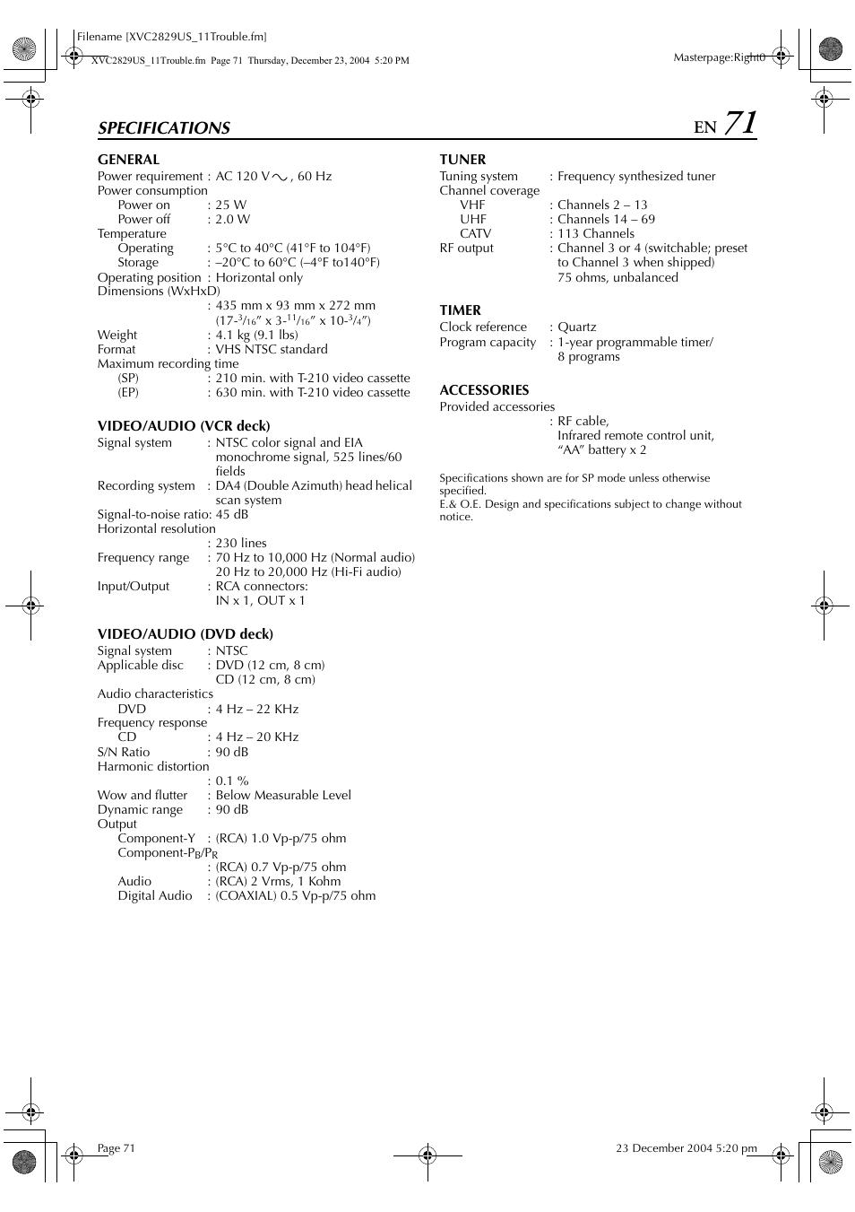 Specifications | JVC HR-XVC29SU User Manual | Page 71 / 76