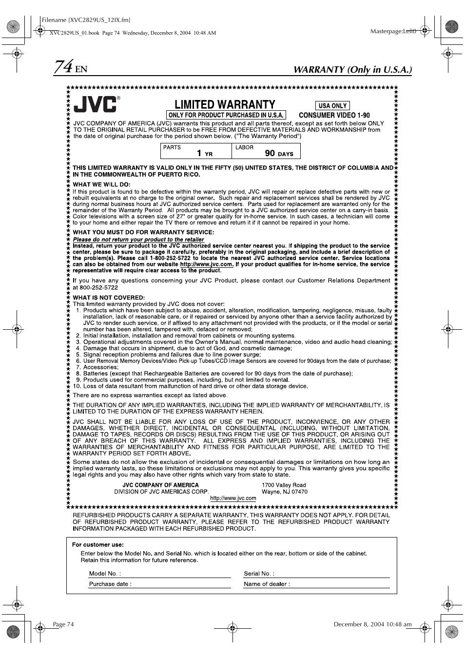 JVC HR-XVC29SU User Manual | Page 74 / 76
